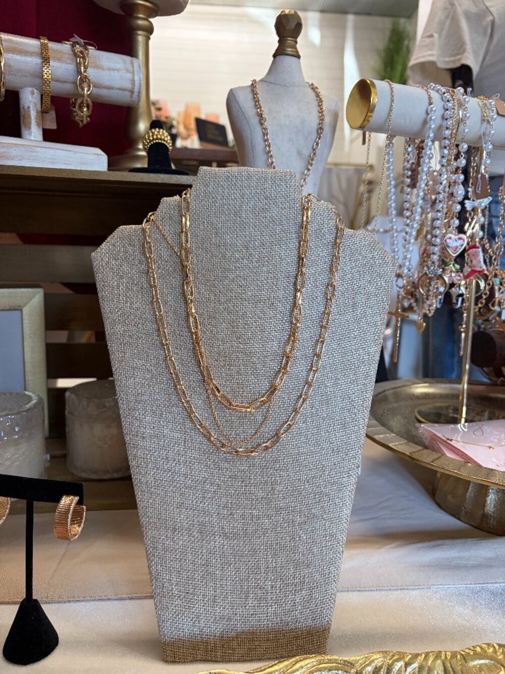 Layered gold tone chain short necklace
